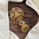 Premium Lakshmi Single Jada Billai  with Jhumkas-Temple Bun Billai - Red Green -G10386